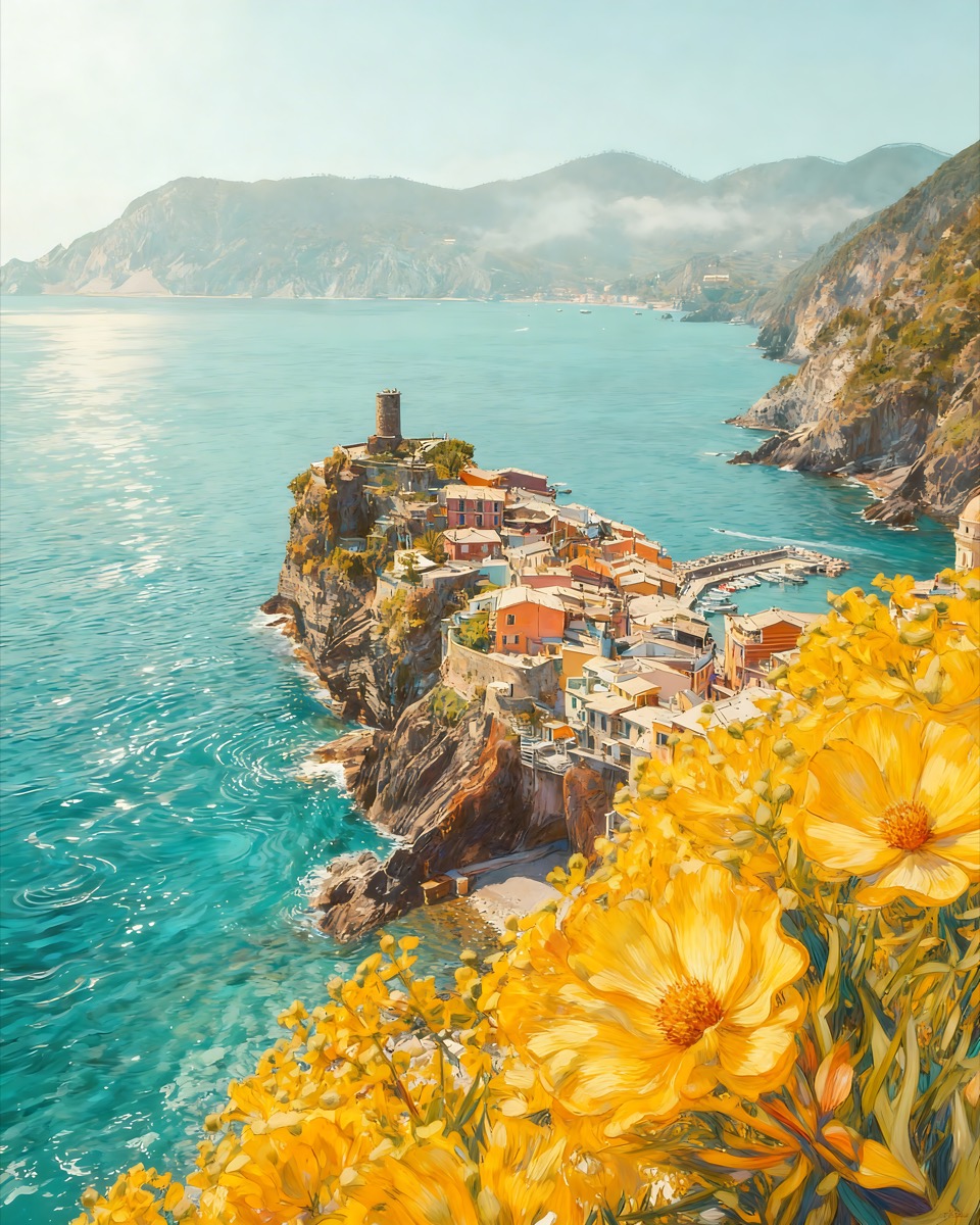 Sunlit coastal village above turquoise water with yellow flowers in the foreground