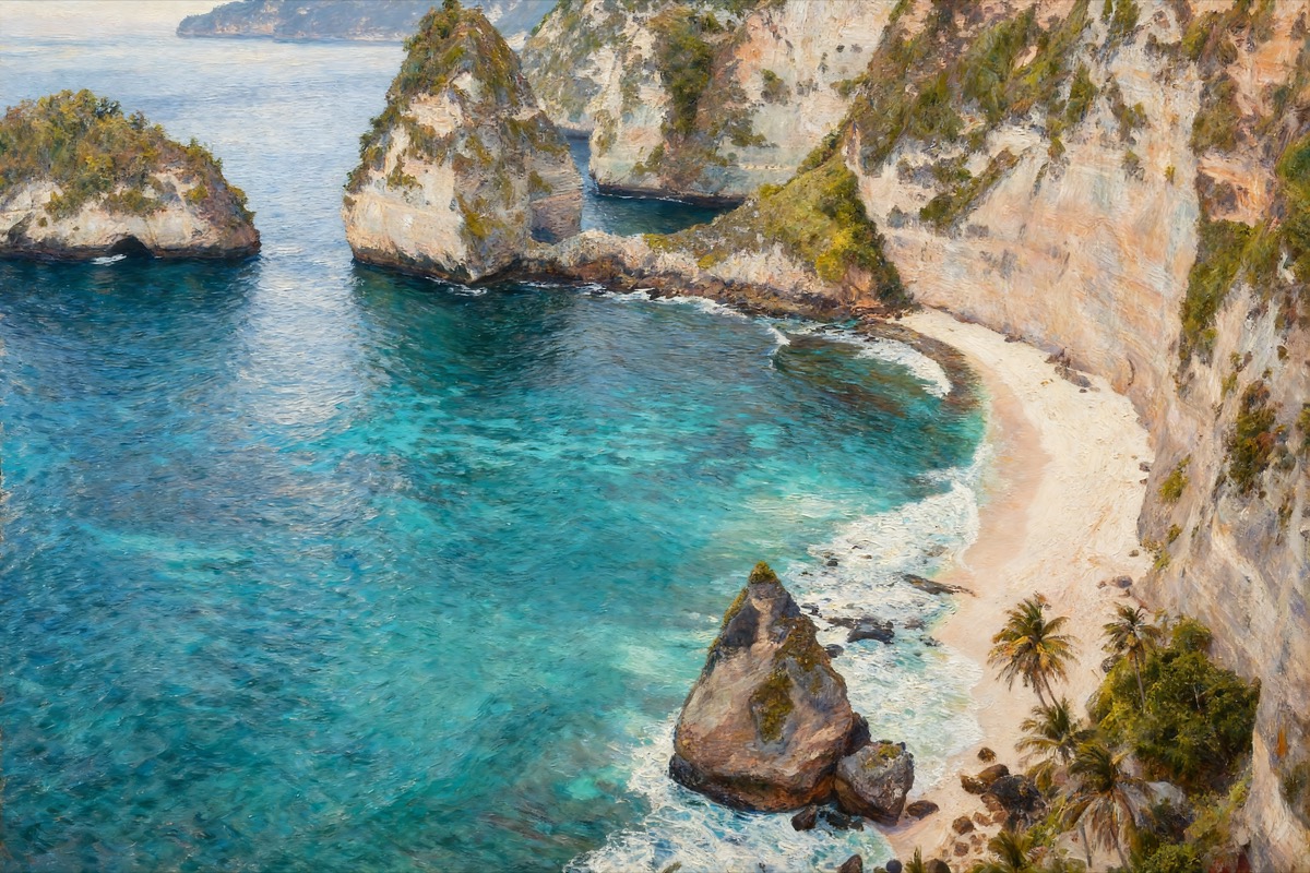 Clear blue beach with white sand and rocky greenery