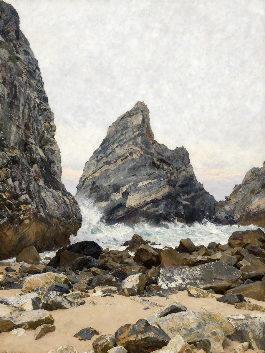 Waves breaking across a rocky beach under an open sky