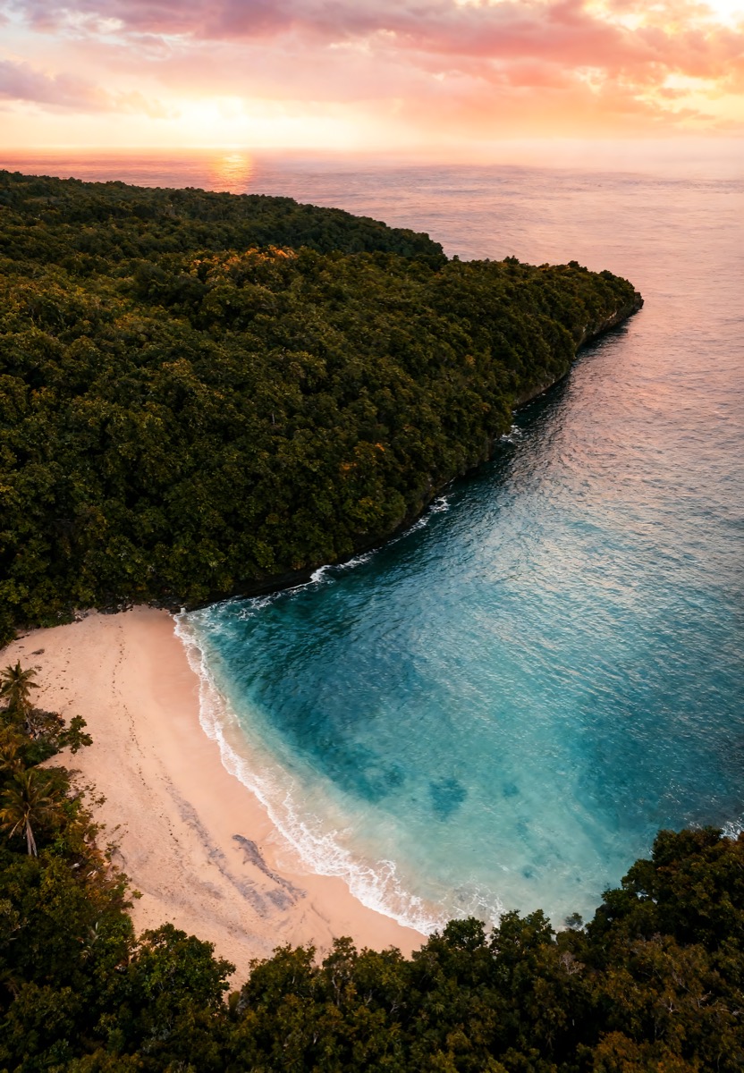 Aerial sunset beach with shoreline trees and glowing clouds