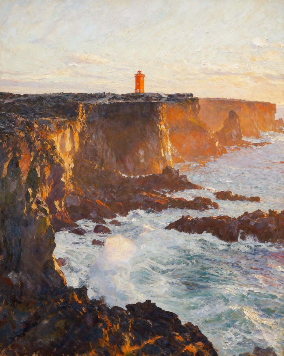 Red lighthouse above a rugged cliff and foaming sea