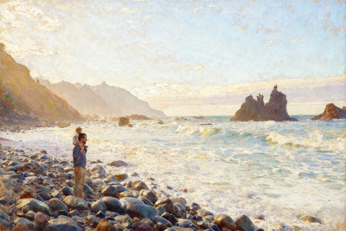 Figure standing on a rocky coast beneath cloudy light