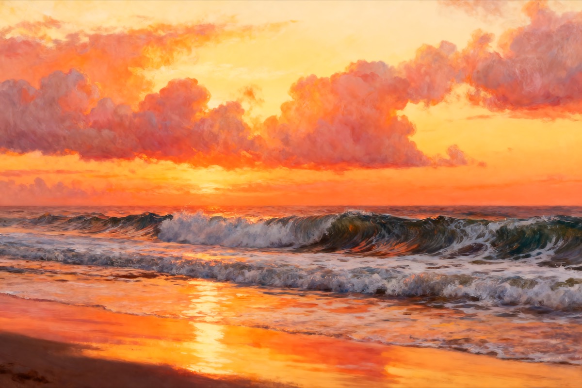 Warm sunset over sea and sand with glowing clouds