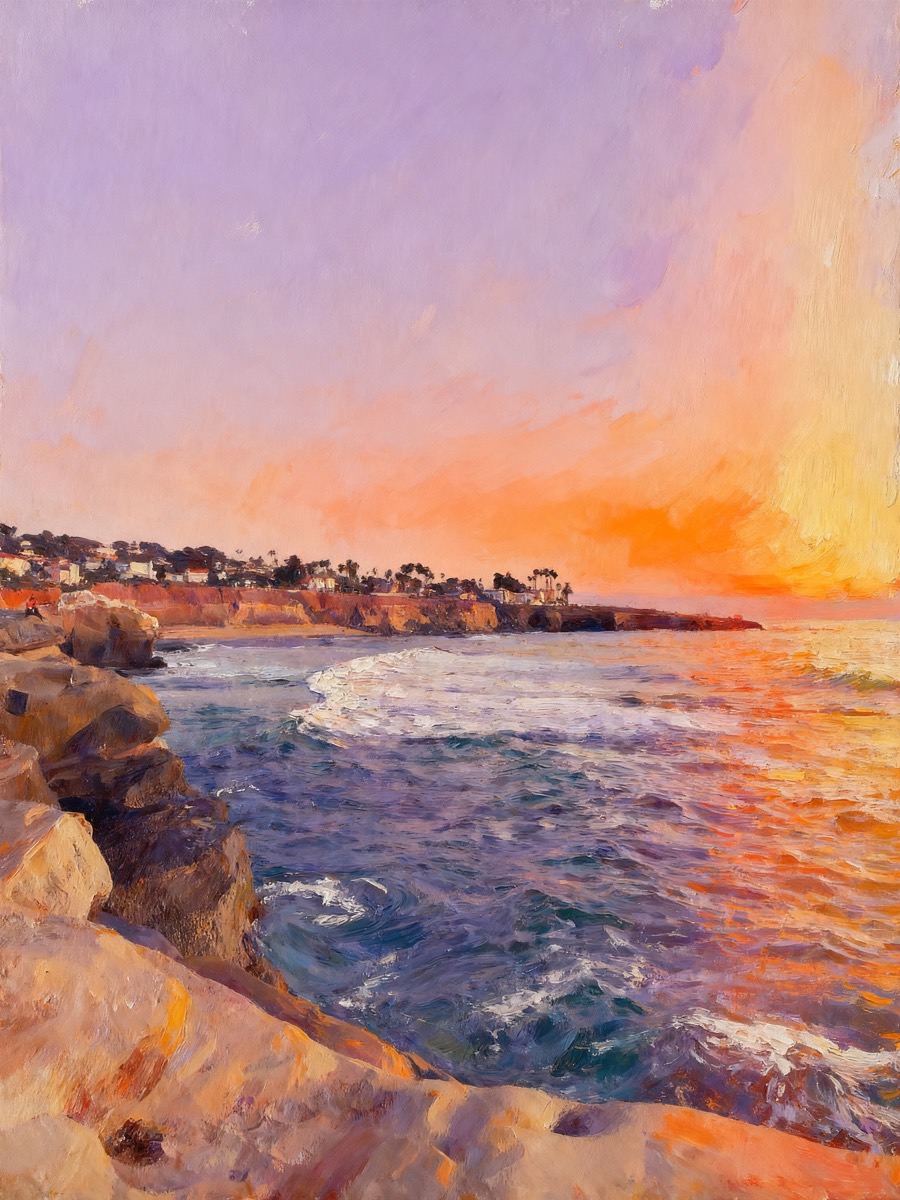 Ocean sunset with rocks and houses under a pink sky