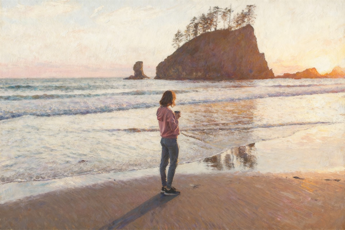Woman on a beach at sunset holding a cup
