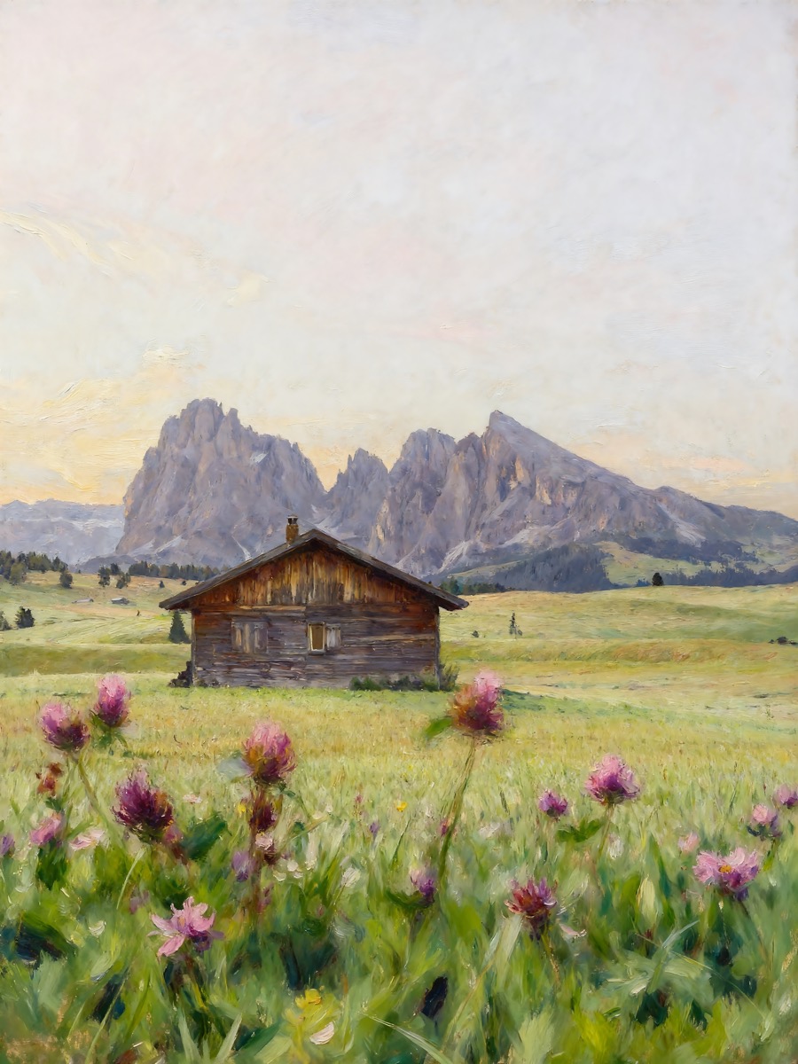 Country house in a green field with distant mountains and flowers