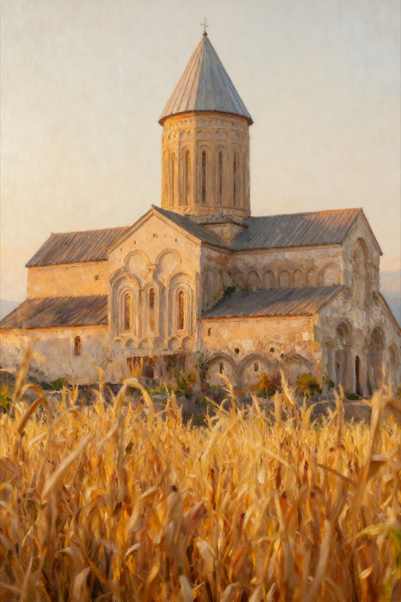 Stone church rising above a golden corn field