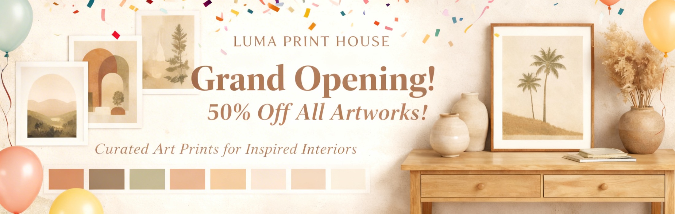 Luma Print House grand opening banner advertising 50 percent off all artworks