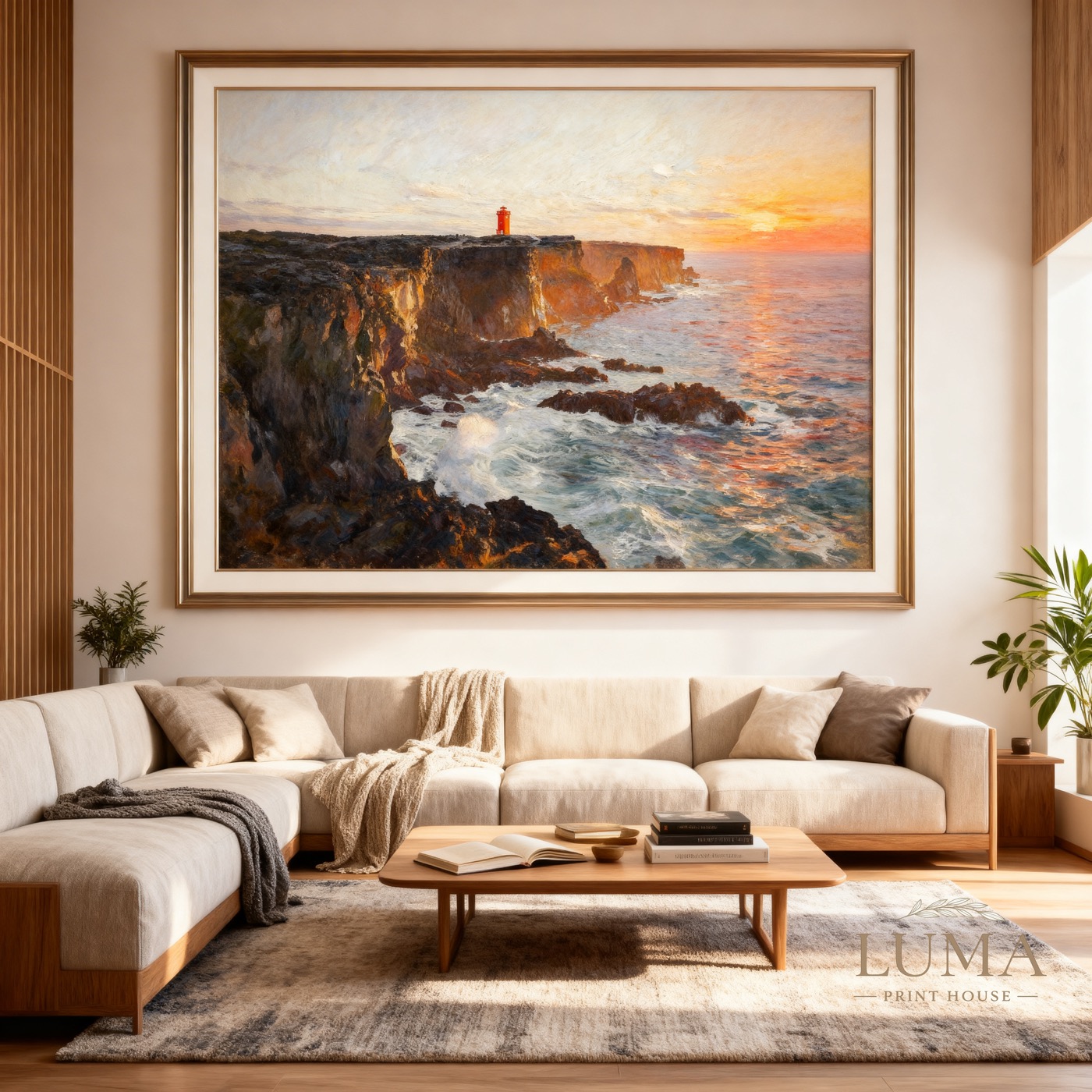 Coastal artwork framed above a sofa in a bright living room