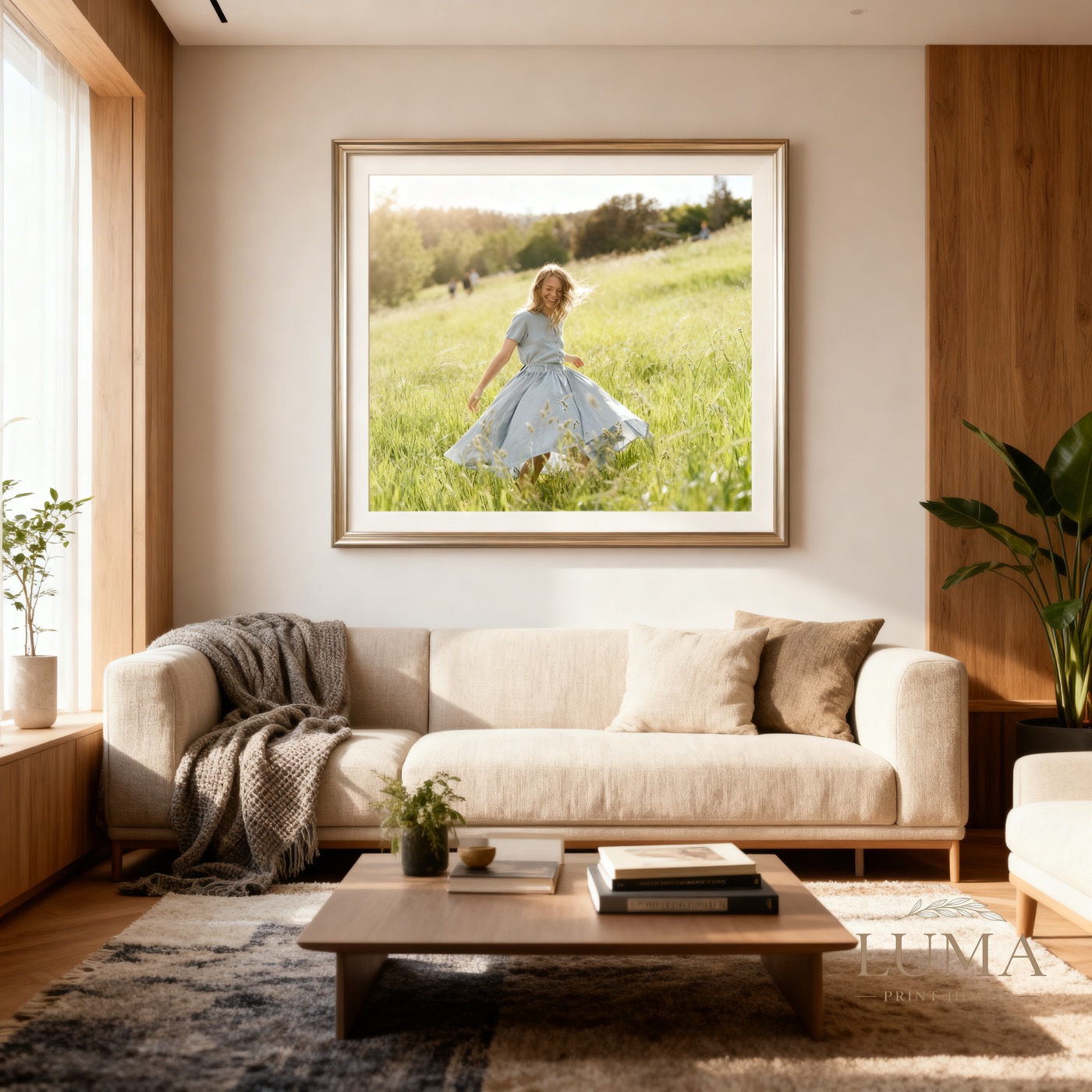 Cottagecore artwork displayed above a sofa in a sunlit room