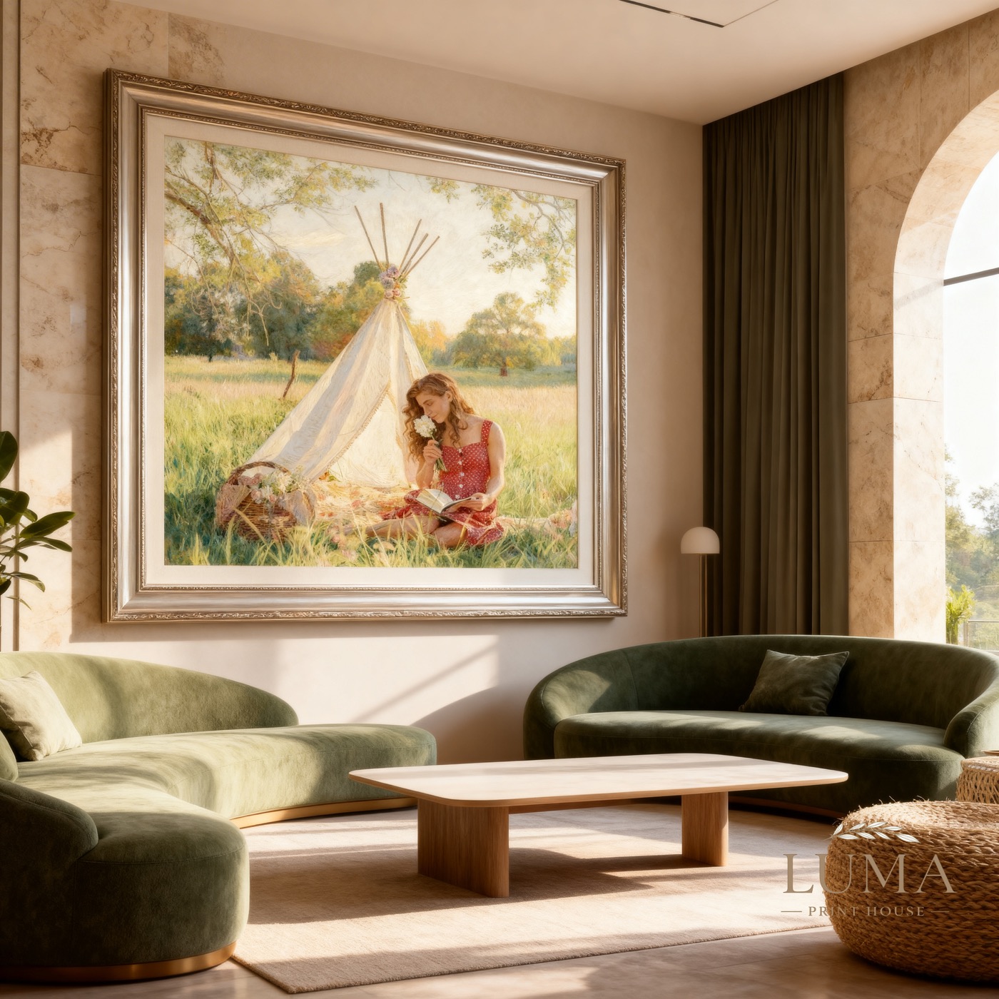 Cottagecore artwork with a figure in a meadow displayed in a refined room
